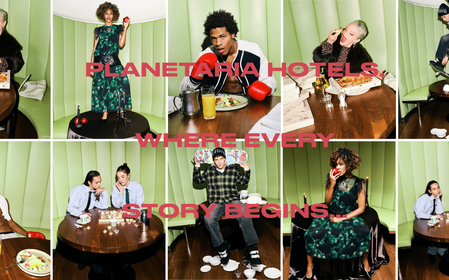 Promotional collage for Planetaria Hotels featuring various people in dynamic poses inside green-paneled booths with the text 